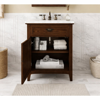 Home Decorators Collection Artisan 26 In Single Sink Dark Oak Bath Vanity With White Marble Top Assembled