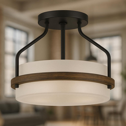 Volume Lighting Emery 2-Light Walnut and Black Indoor Semi-Flush Mount Ceiling Fixture with Frosted Glass Drum