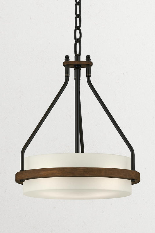 Volume Lighting Emery 3-Light Walnut and Black Indoor Mini Hanging Chandelier with Frosted Glass Drum