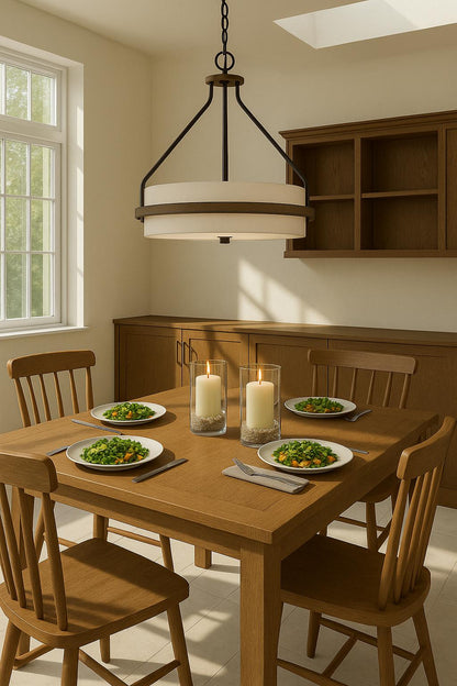 Volume Lighting Emery 3-Light Walnut and Black Indoor Mini Hanging Chandelier with Frosted Glass Drum