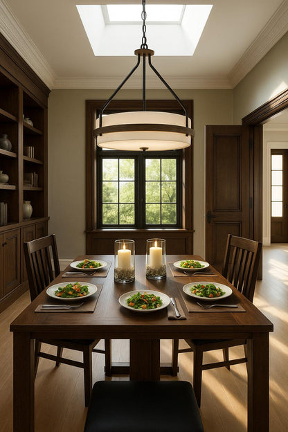 Volume Lighting Emery 3-Light Walnut and Black Indoor Mini Hanging Chandelier with Frosted Glass Drum