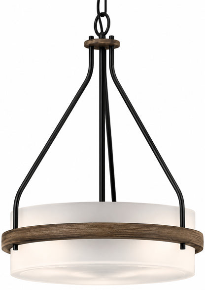 Volume Lighting Emery 3 Light Walnut and Black Indoor Mini Hanging Chandelier with Frosted Glass Drum 4773 84