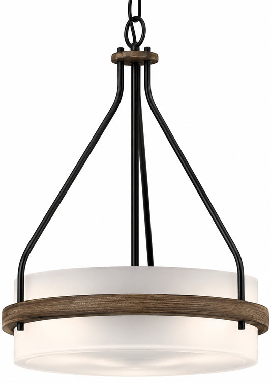 Volume Lighting Emery 3 Light Walnut and Black Indoor Mini Hanging Chandelier with Frosted Glass Drum 4773 84