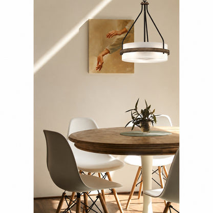 Volume Lighting Emery 3 Light Walnut and Black Indoor Mini Hanging Chandelier with Frosted Glass Drum 4773 84