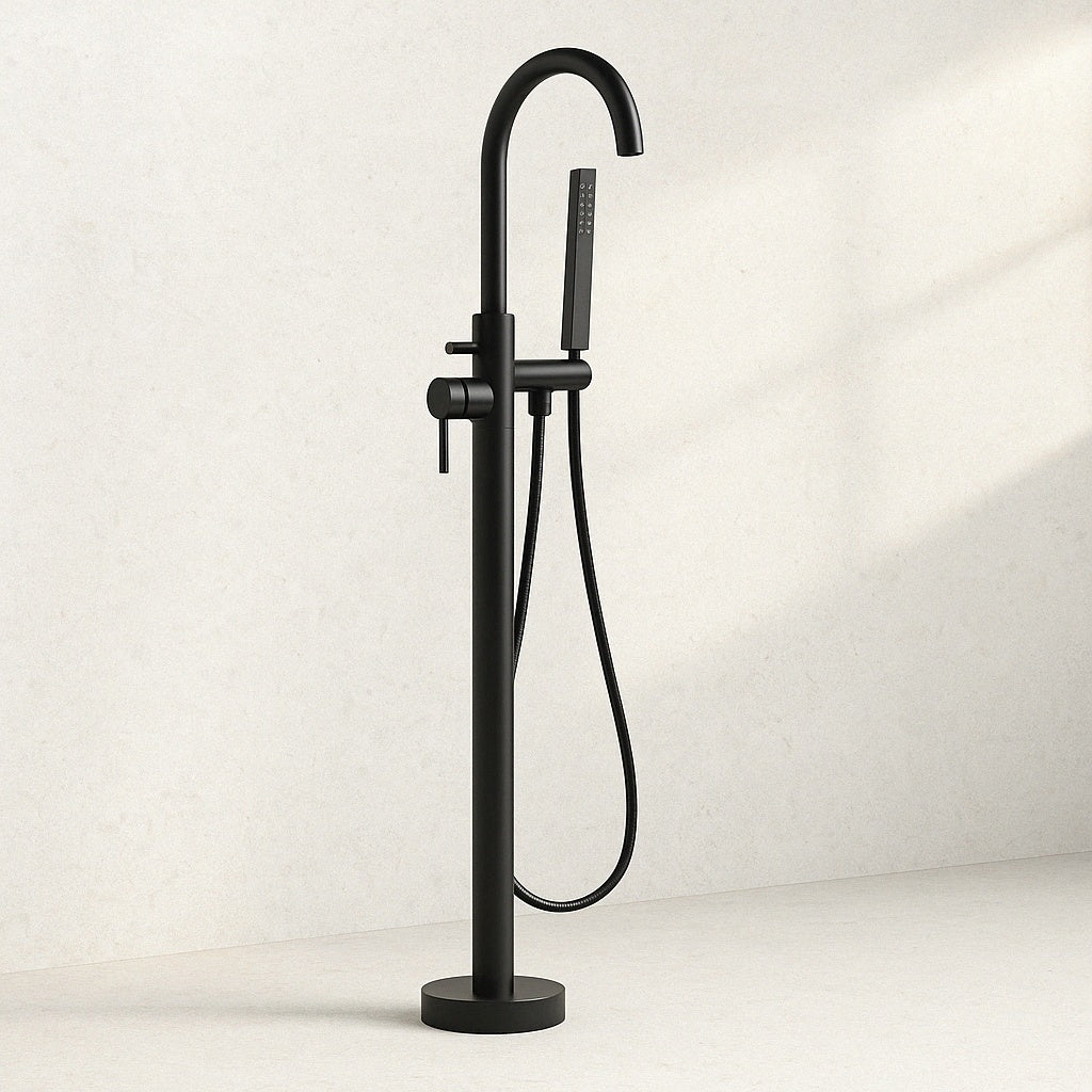 AKDY 1 Handle Freestanding Floor Mount Tub Faucet Bathtub Filler with Hand Shower in Matte Black TF0042/307533914 810070031152 AKDY