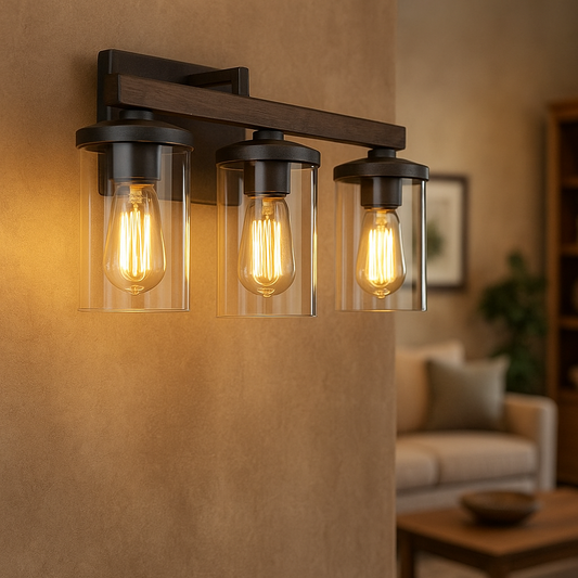 LNC Weyland Farmhouse 20 in 3 Light Rust Black Bathroom Bar Vanity Light with Faux Wood Accents and Clear Glass Shades A03409/307622970 811159032336 LNC