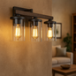 LNC Weyland Farmhouse 20 in 3 Light Rust Black Bathroom Bar Vanity Light with Faux Wood Accents and Clear Glass Shades A03409/307622970 811159032336 LNC
