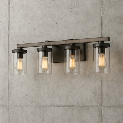 LNC Birdwood 28 in 4 Light Rust Gray Industrial Bathroom Vanity Light with Brushed Bronze Accents and Clear Glass Shades A03410/307622972 811159032343 LNC