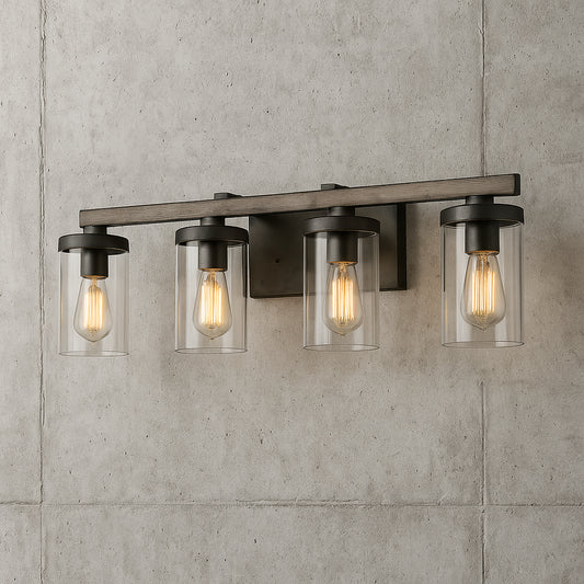 LNC Birdwood 28 in 4 Light Rust Gray Industrial Bathroom Vanity Light with Brushed Bronze Accents and Clear Glass Shades A03410/307622972 811159032343 LNC