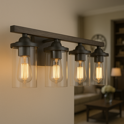 LNC Birdwood 28 in 4 Light Rust Gray Industrial Bathroom Vanity Light with Brushed Bronze Accents and Clear Glass Shades A03410/307622972 811159032343 LNC