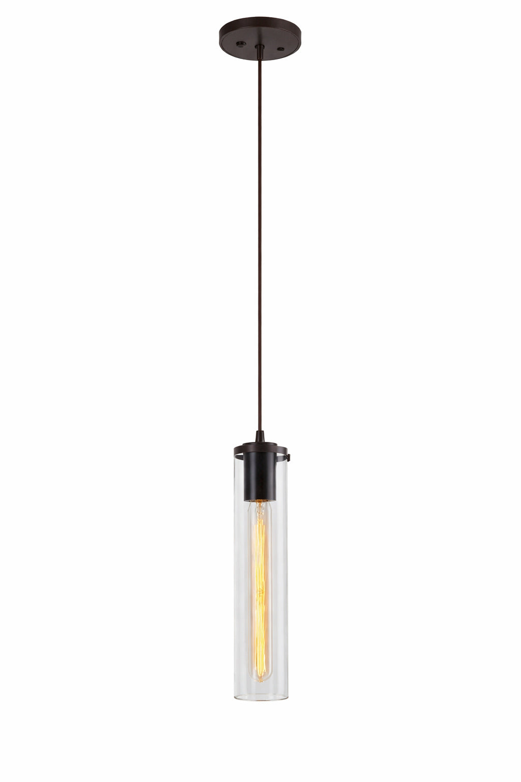 Volume Lighting Prelude 1 Light Indoor Antique Bronze Hanging Mini Pendant with Skinny Clear Glass Cylinder Shade