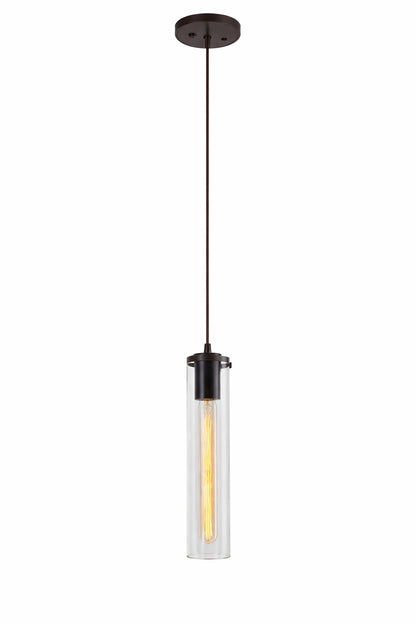 Volume Lighting Prelude 1 Light Indoor Antique Bronze Hanging Mini Pendant with Skinny Clear Glass Cylinder Shade