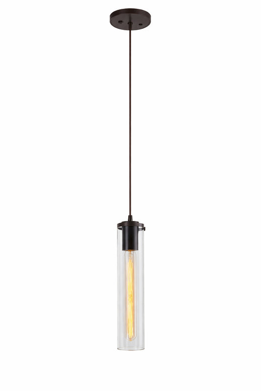 Volume Lighting Prelude 1 Light Indoor Antique Bronze Hanging Mini Pendant with Skinny Clear Glass Cylinder Shade