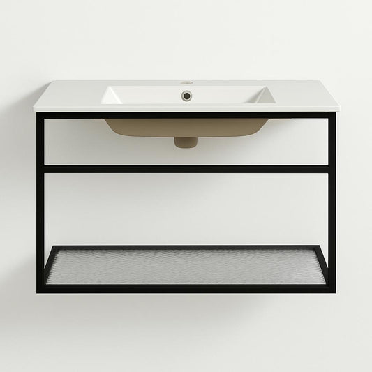 Swiss Madison Pierre 36 in. Single, Metal Frame, Open Shelf, Bathroom Vanity in Black, Vanity Top in White with White Basin