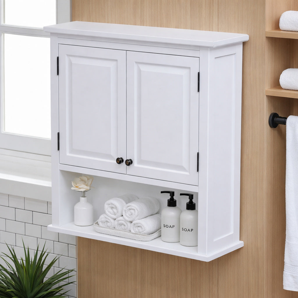 Alaterre Furniture Dorset 27 in W Wall Mounted Bath Storage Cabinet with 2 Doors and Open Shelf in White