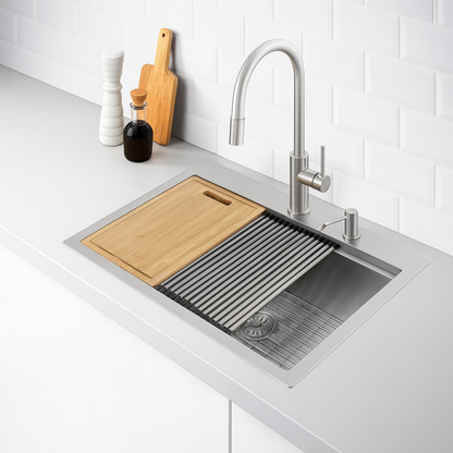 Glacier Bay Zero Radius 32 in Drop In Single Bowl 18 Gauge Stainless Steel Kitchen Sink with Accessories