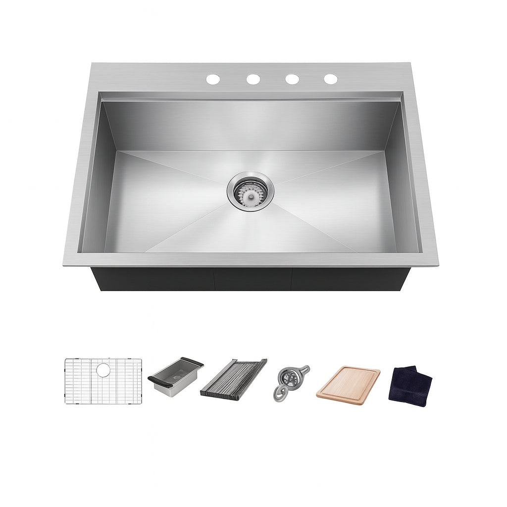 Glacier Bay Zero Radius 32 in. Drop-In Single Bowl 18 Gauge Stainless Steel Kitchen Sink with Accessories