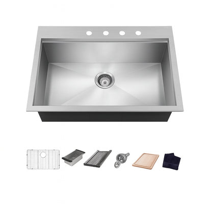Glacier Bay Zero Radius 32 in. Drop-In Single Bowl 18 Gauge Stainless Steel Kitchen Sink with Accessories