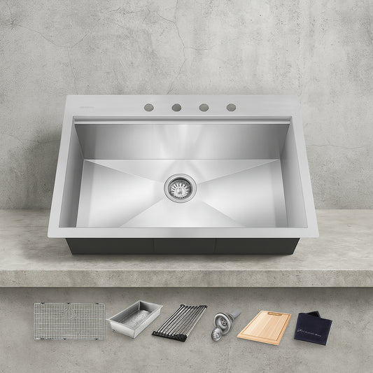 Zero Radius 30 in. Drop-In Single Bowl 18 Gauge Stainless Steel Kitchen Sink with Accessories