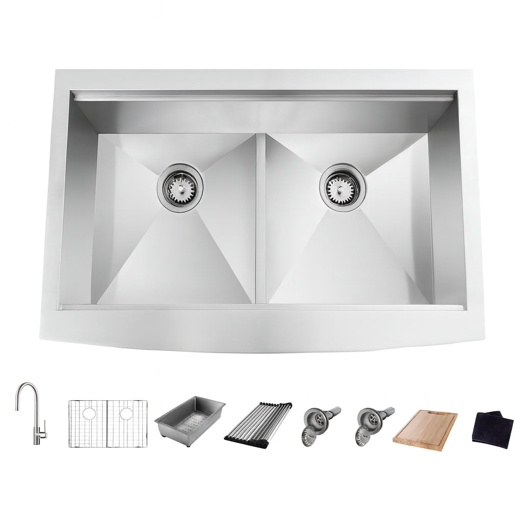 Bay Zero Radius 33 in Apron Front 50 50 Double Bowl 18 Gauge Stainless Steel Kitchen Sink With Accessories