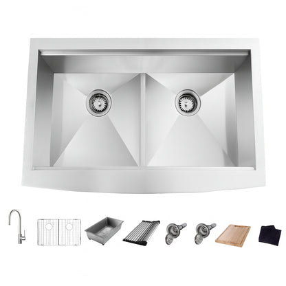 Bay Zero Radius 33 in Apron Front 50 50 Double Bowl 18 Gauge Stainless Steel Kitchen Sink With Accessories