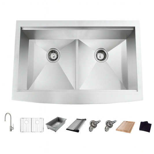 Bay Zero Radius 33 in Apron Front 50 50 Double Bowl 18 Gauge Stainless Steel Kitchen Sink With Accessories