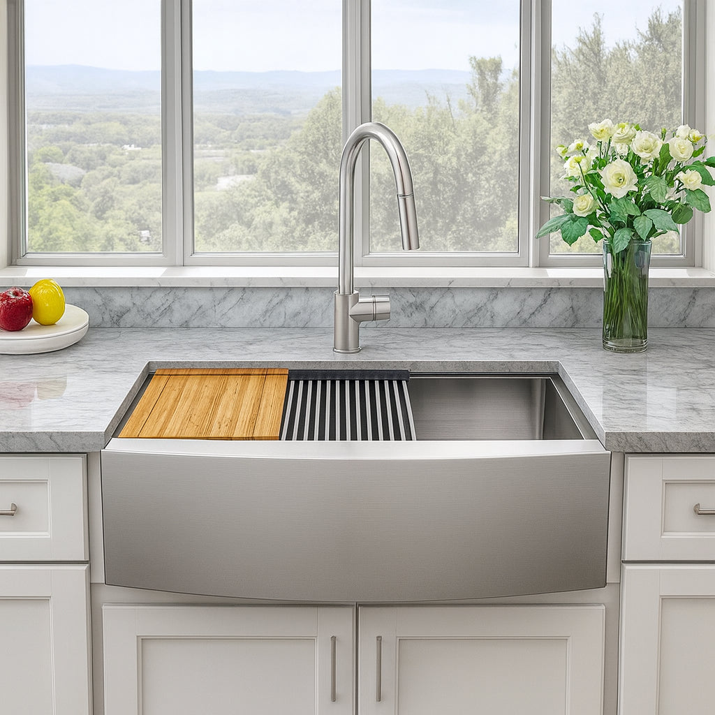 Bay Zero Radius 33 in Apron Front 50 50 Double Bowl 18 Gauge Stainless Steel Kitchen Sink With Accessories