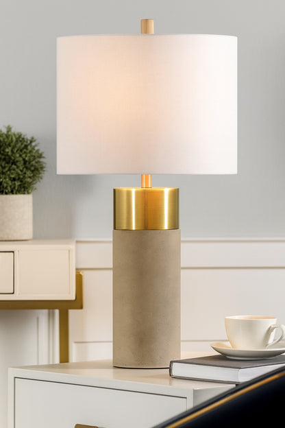 StyleCraft 27 75 in Soft Brass Natural Concrete Table Lamp with Brussels White Hardback Fabric Shade