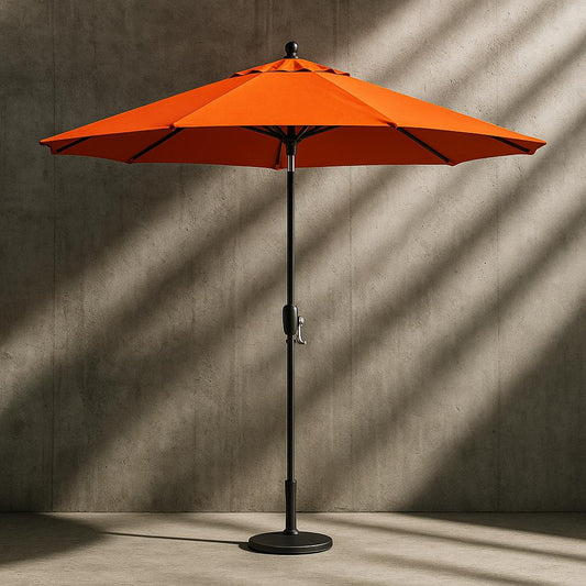 9 ft. Hammertone Grey Aluminum Market Patio Umbrella with Push Button Tilt Crank Lift in Melon Sunbrella