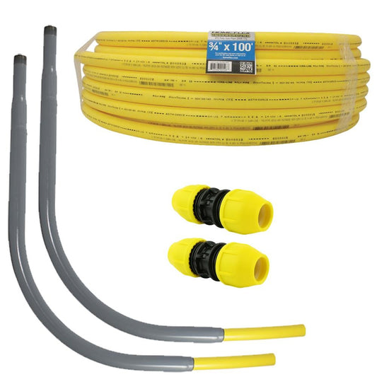 Underground 3/4in IPS New Install Kit (1)3/4inx100ft Pipe, (2)3/4in Couplers, (2)3/4in Meter Risers, Gas Line Detection