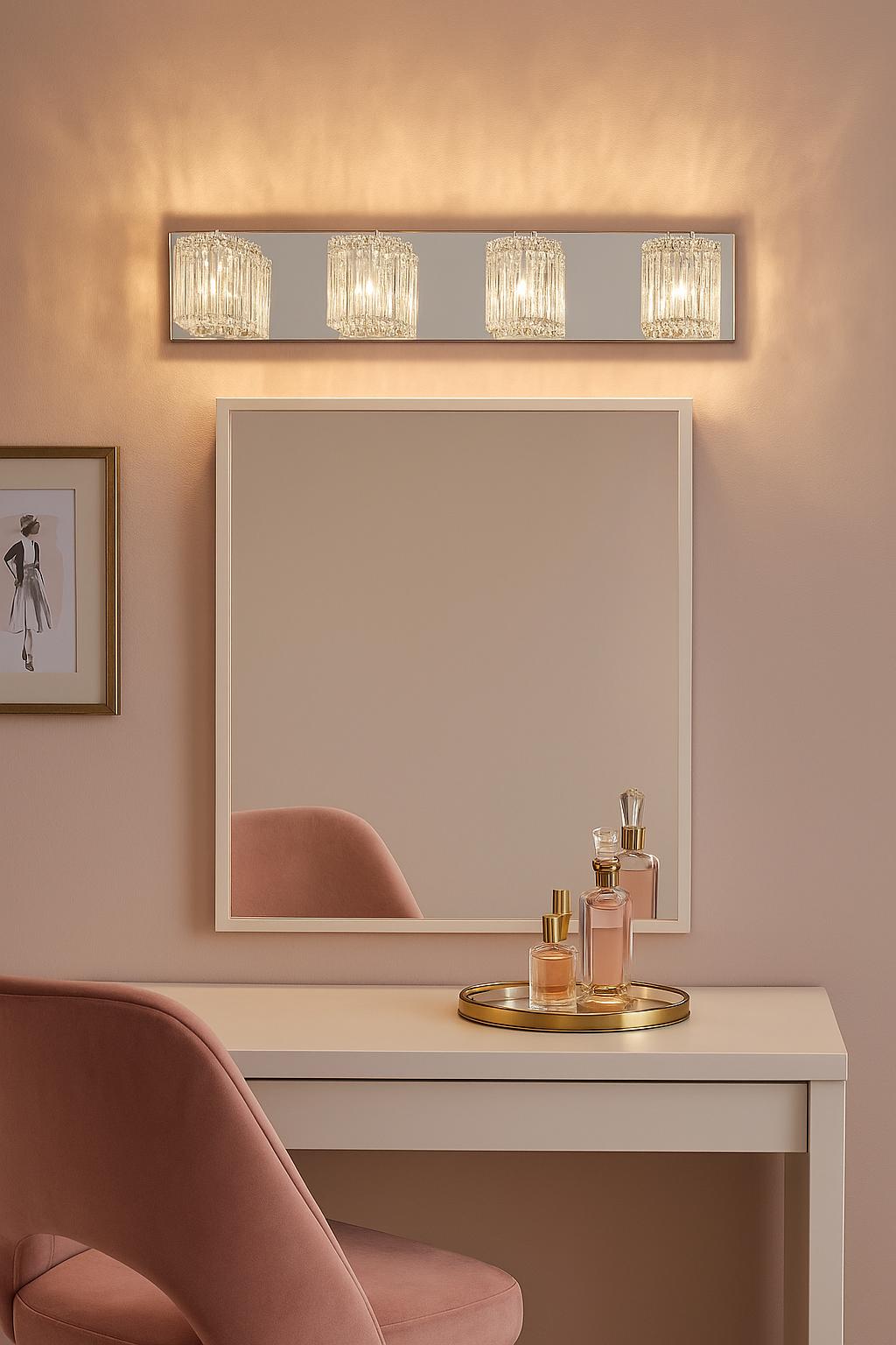 DSI LIGHTING 28.25 4-Light Mirrored Stainless Steel Vanity Light with Clear Glass Crystal Strands