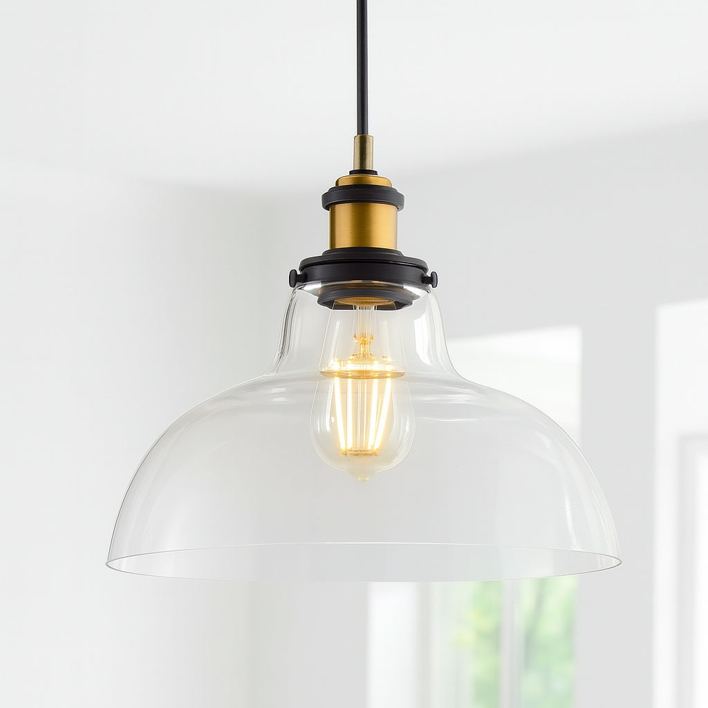 Y Litchfield 11 in. 1 Light Brass Gold Farmhouse Metal/Glass LED Pendant JYL3522A