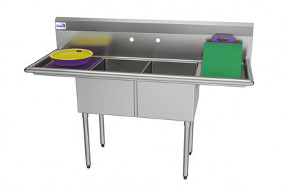 Koolmore 60 in. Freestanding Stainless Steel 2 Compartments Commercial Sink with Drainboard