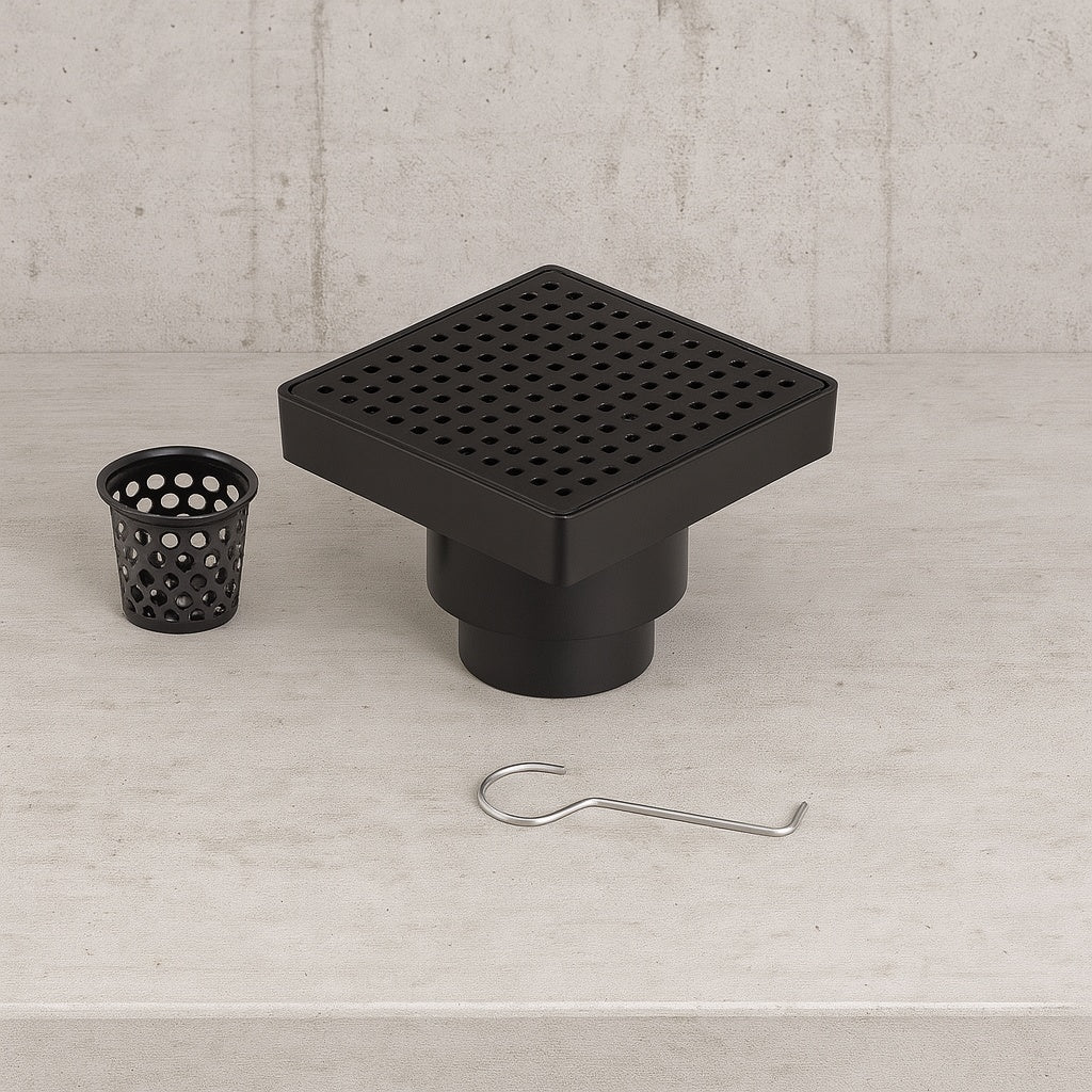 Designline 4 in. x 4 in. Stainless Steel Square Shower Drain with Square Pattern Drain Cover in Matte Black