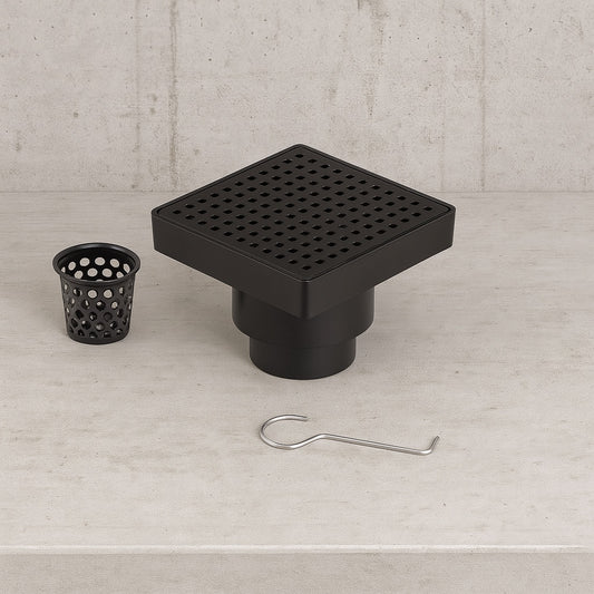 Designline 4 in. x 4 in. Stainless Steel Square Shower Drain with Square Pattern Drain Cover in Matte Black
