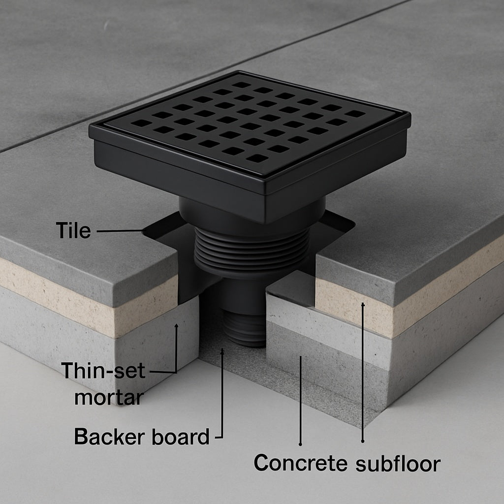 Designline 4 in. x 4 in. Stainless Steel Square Shower Drain with Square Pattern Drain Cover in Matte Black