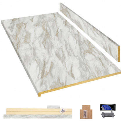 Hampton Bay 8 ft Right Miter Laminate Countertop All Inclusive Kit in Textured Drama Marble with Eased Edge and Loose Backsplash