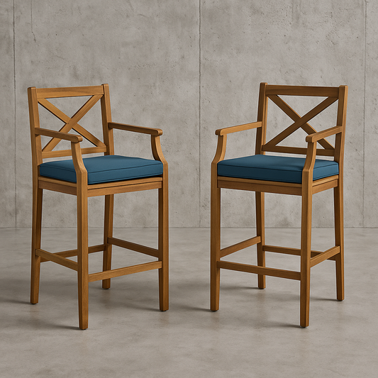 Noble House Perla Teak Brown Wood Outdoor Bar Stool with Blue Cushion 2 Pack 53021/310341144 840006771586 Noble House