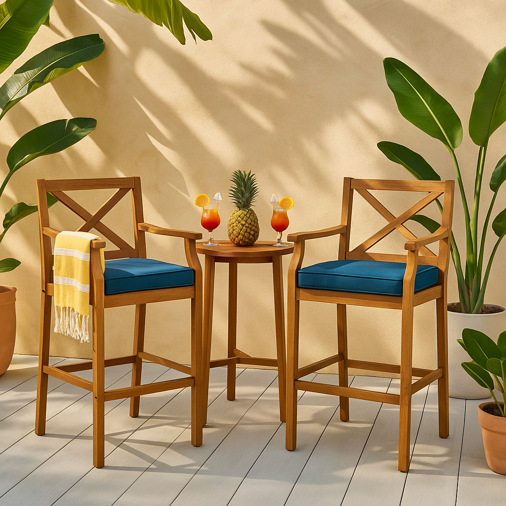 Noble House Perla Teak Brown Wood Outdoor Bar Stool with Blue Cushion 2 Pack 53021/310341144 840006771586 Noble House