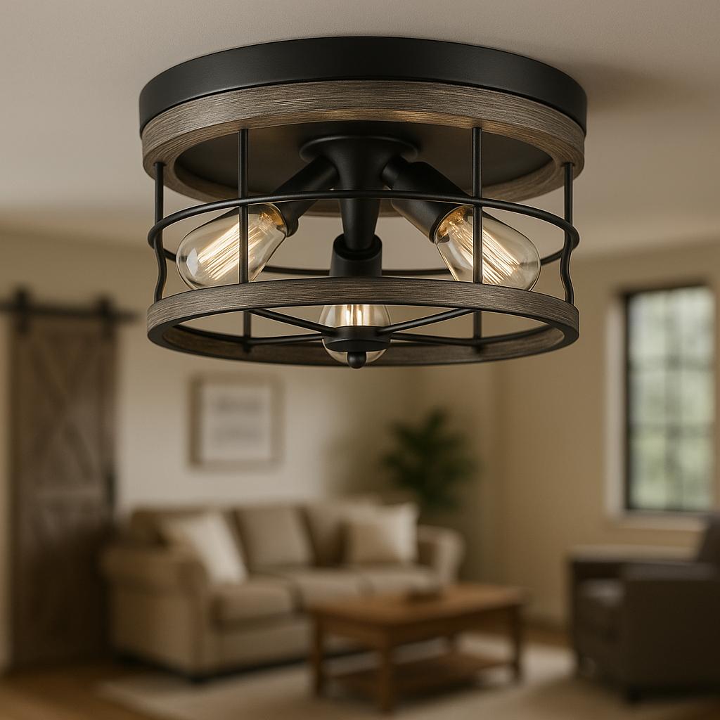 Progress Lighting Fairforest Collection 15.75 in. 3-Light Matte Black Farmhouse Flush Mount with Aged Oak Accents