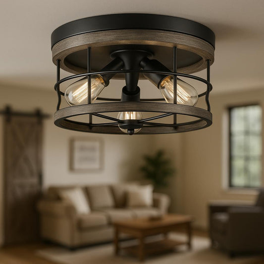Progress Lighting Fairforest Collection 15.75 in. 3-Light Matte Black Farmhouse Flush Mount with Aged Oak Accents