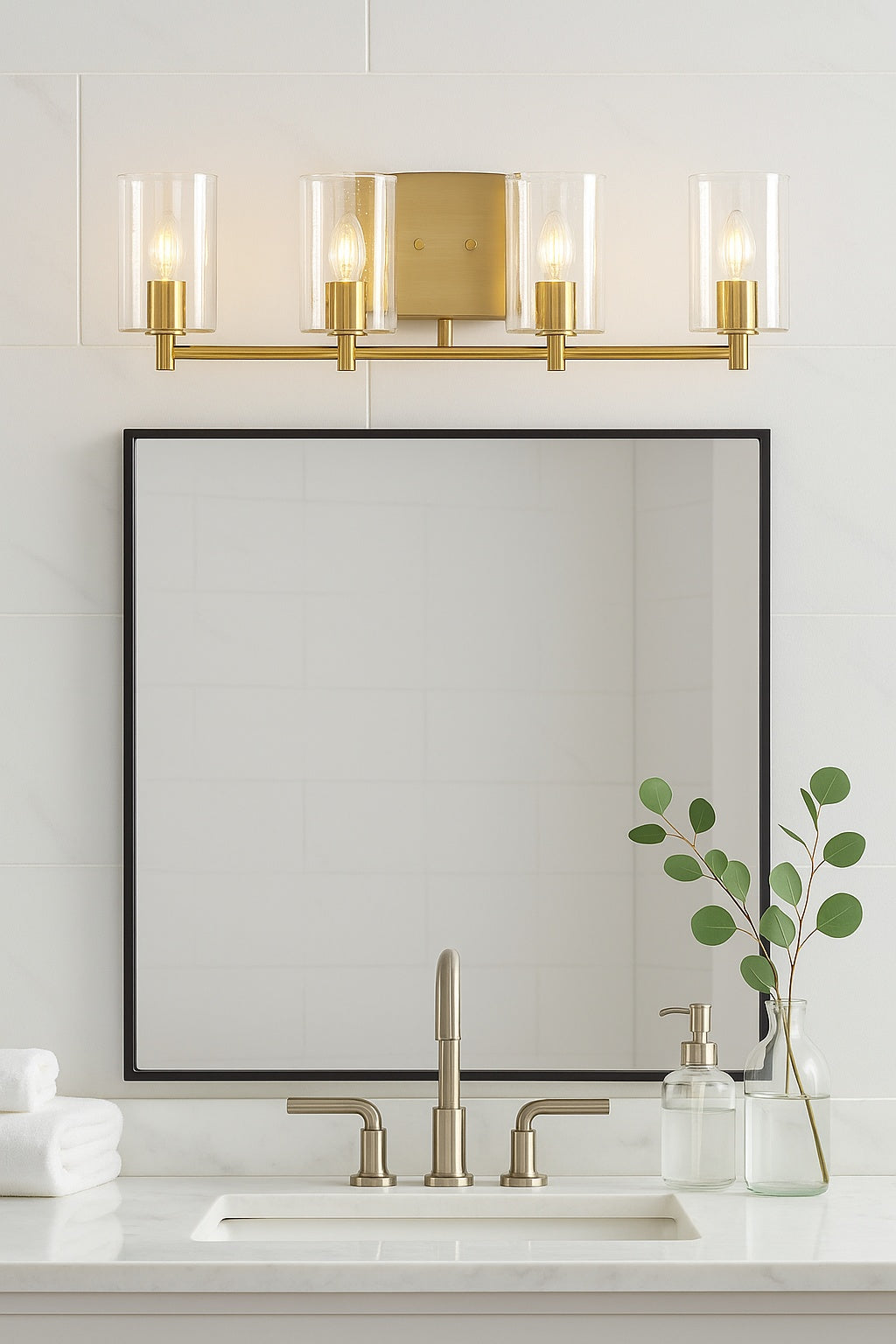 Adley Collection 32 in. 4 Light Gold Satin Brass Clear Glass New Traditional Bathroom Vanity Light P300157 012