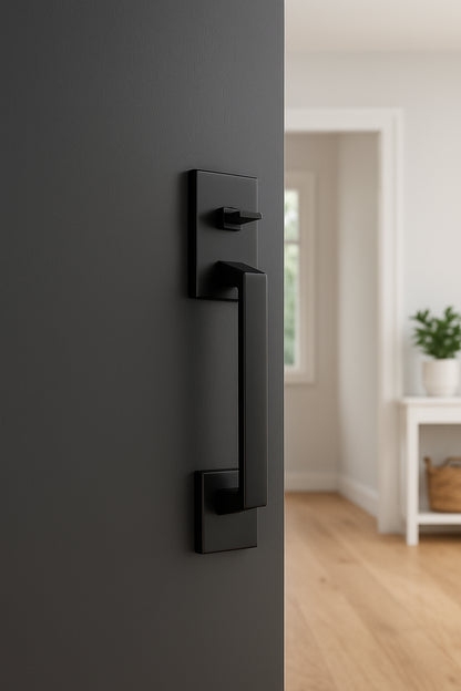 Century Matte Black Door Handleset Grip With Latitude Door Handle And Century Trim FE285 g Cen 622 Lat Cen