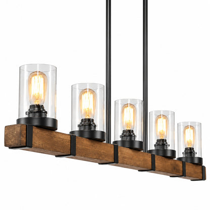 LNC Linear Wood Chandelier Brown Rectangular 5 Light Island Pendant Light Black Farmhouse Chandelier with Seedy Glass Shade
