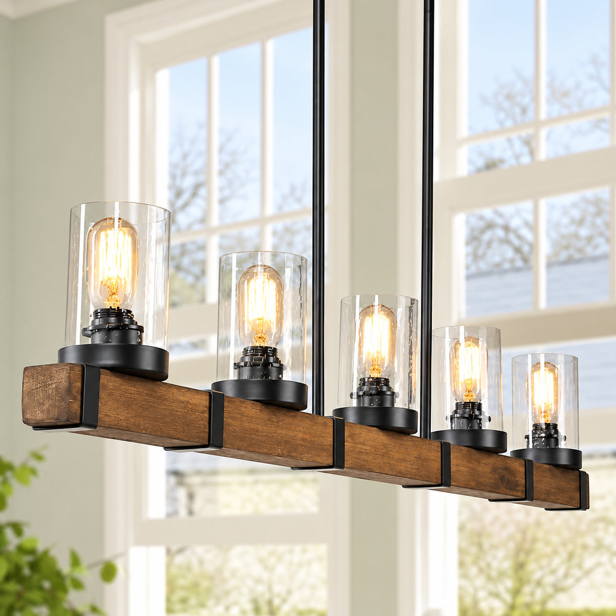 LNC Linear Wood Chandelier Brown Rectangular 5 Light Island Pendant Light Black Farmhouse Chandelier with Seedy Glass Shade