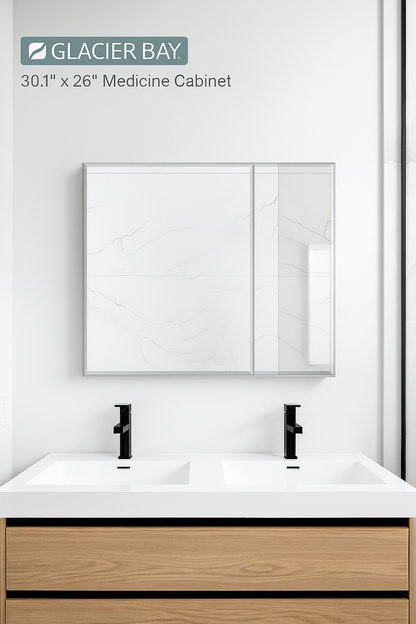 Glacier Bay 30 in W x 26 in H Rectangular Wood Composite Medicine Cabinet with Mirror