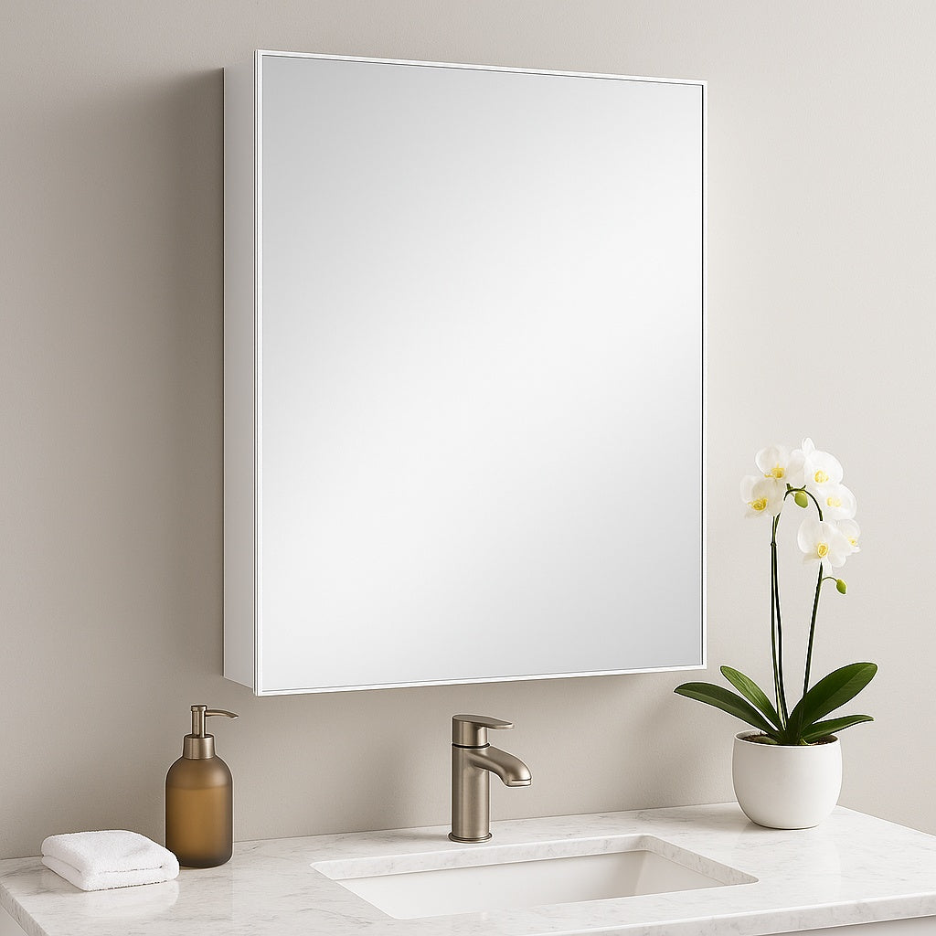 Glacier Bay 19 5 8 in x 26 in Rectangular Recessed or Surface Mount Beveled Frameless Medicine Cabinet with Mirror