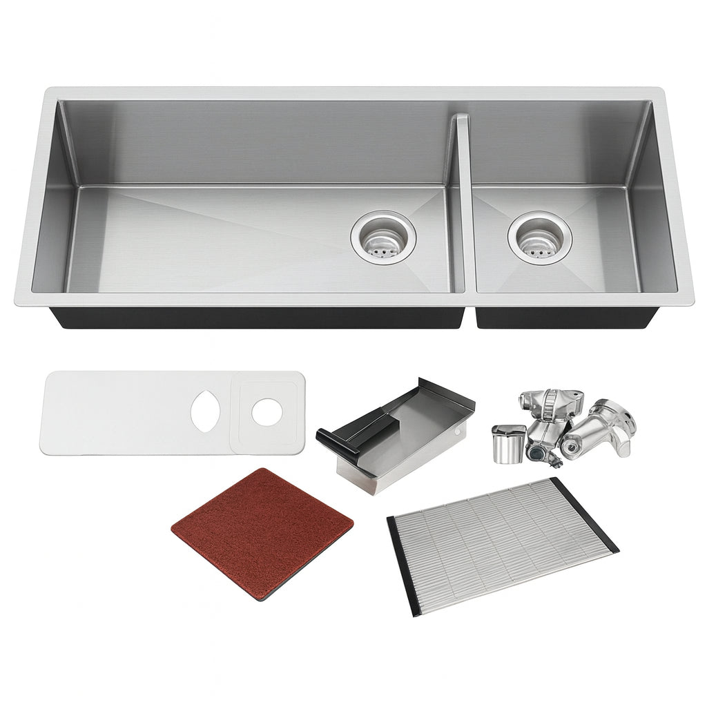 All-in-One Series Undermount Stainless Steel 48 in. Double Bowl Kitchen Sink in Brushed Finish with Accessories
