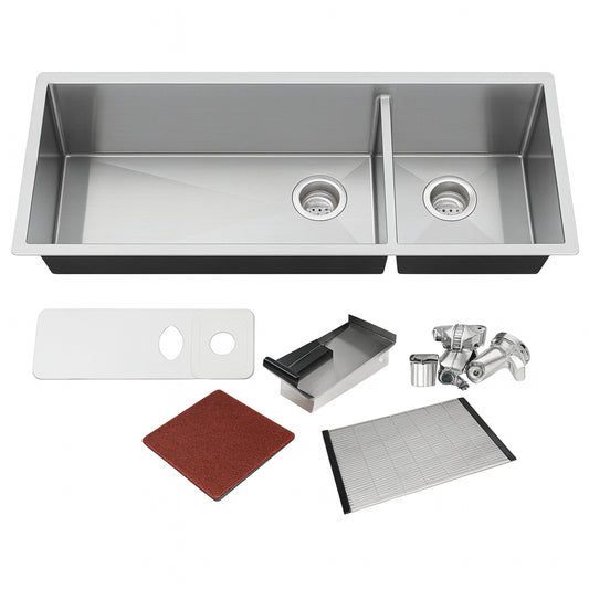 All-in-One Series Undermount Stainless Steel 48 in. Double Bowl Kitchen Sink in Brushed Finish with Accessories