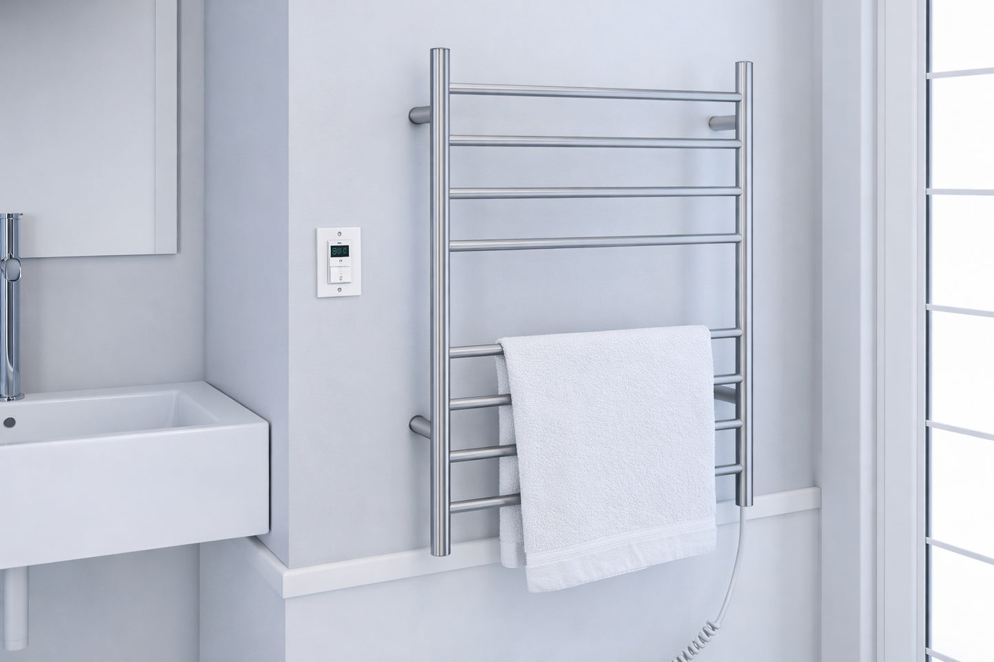 Ancona Prestige OBT 8 Bar Electric Wall Mount Plug In and Hardwire Towel Warmer with On Board Timer in Brushed Stainless Steel
